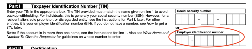 EIN section of W-9 form