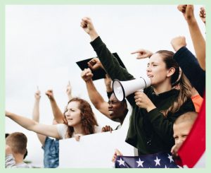 A group of people protesting outside