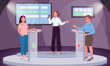 Intellectual show flat color vector illustration. Two girls taking quiz. Intelligent television show. TV channel. Quiz-master. 2D cartoon faceless characters with scene on background.