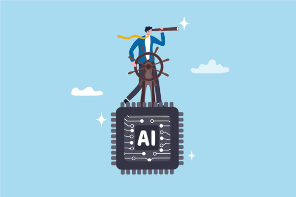 graphic of man holding a telescope standing on top of large AI computer chip